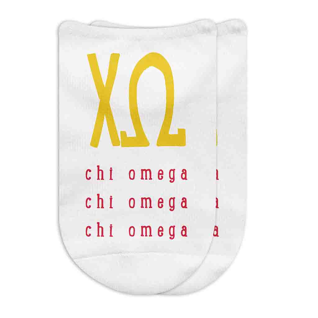 Chi Omega sorority name and letters digitally printed in sorority colors on white no show socks.