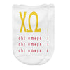 Chi Omega sorority name and letters digitally printed in sorority colors on white no show socks.