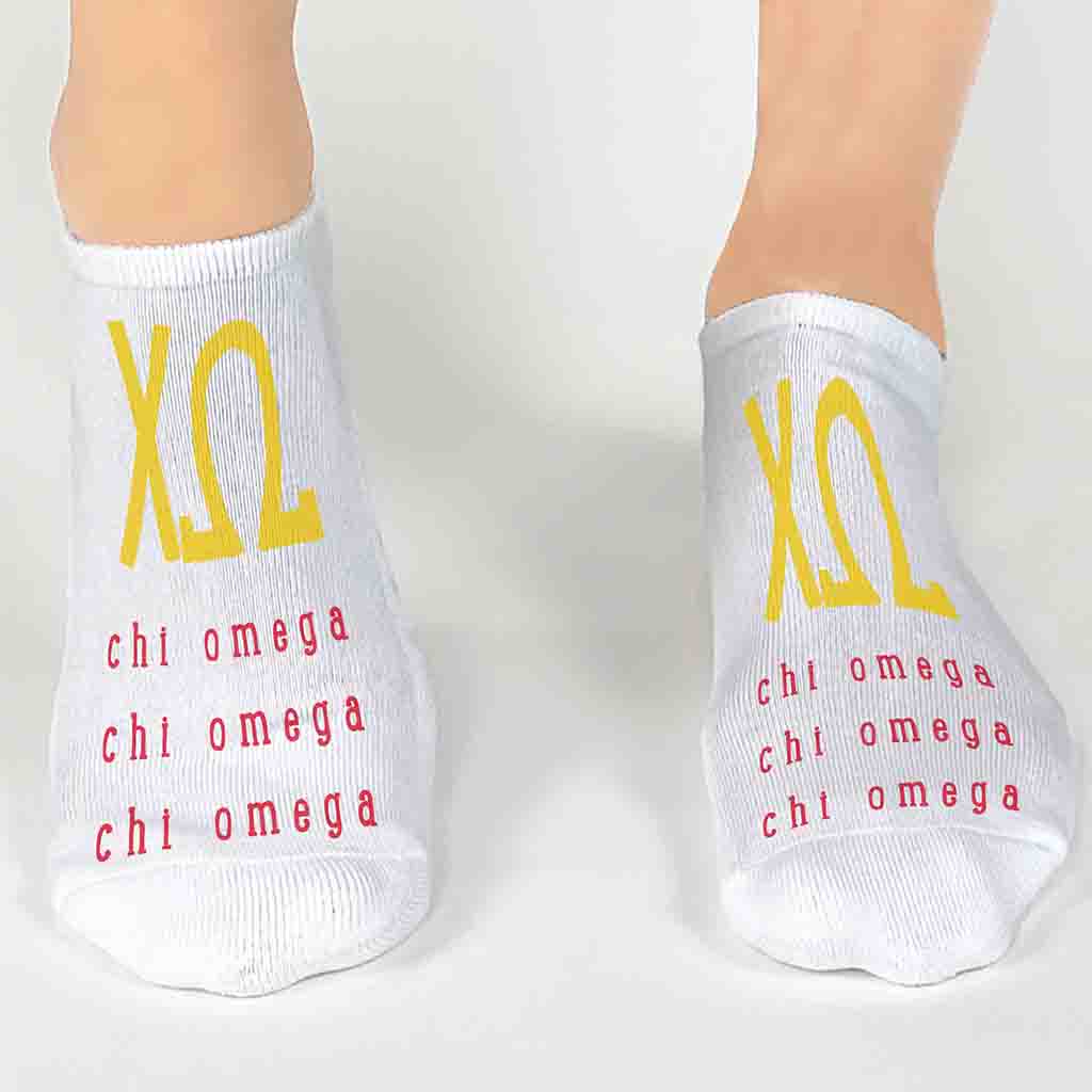 Chi Omega sorority name and letters digitally printed in sorority colors on white no show socks.