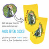 Custom photo reveal socks designed by sockprints and digitally printed on no show socks with a burst of color background.