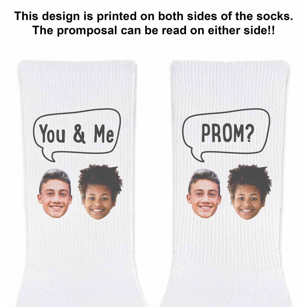 Prom question digitally printed with your photos on white cotton crew socks make the perfect unique idea to ask someone special to prom.