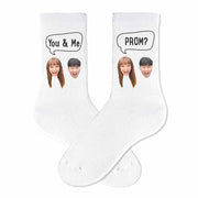 Custom promposal photo socks questions digitally printed on white cotton crew socks make these a fun unique way to ask someone to prom.