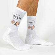 Custom promposal photo socks questions digitally printed on white cotton crew socks make these a fun unique way to ask someone to prom.