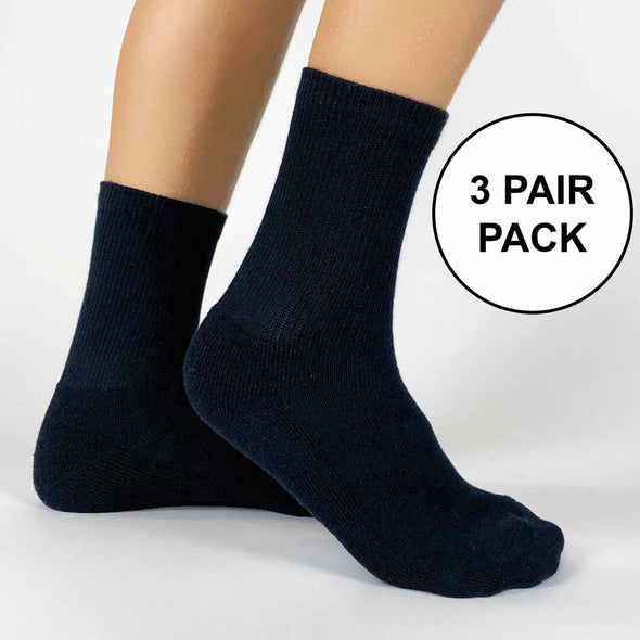Basic black cotton ribbed crew socks size small sold in a three pair pack blank with no printing by sockprints.