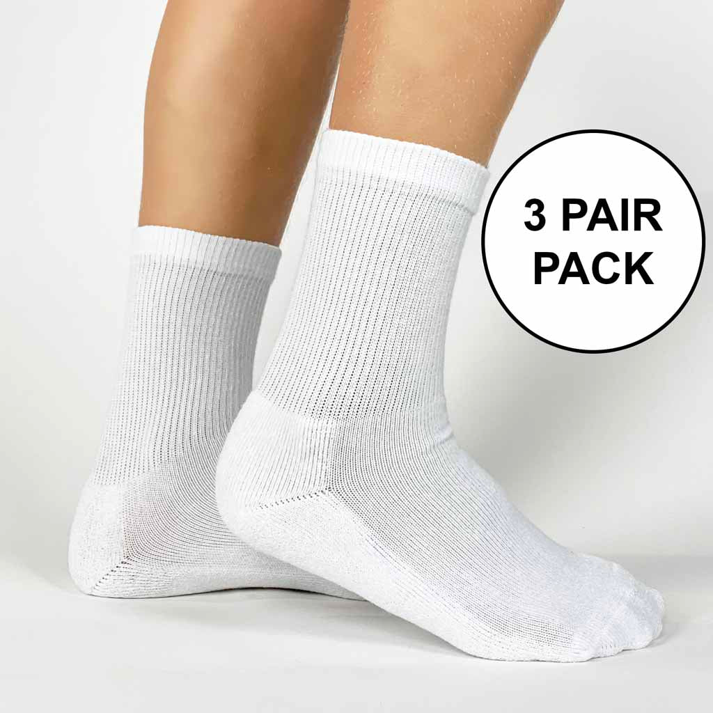 Basic medium white cotton ribbed crew socks blank as is sold in a three pair pack same size and color.