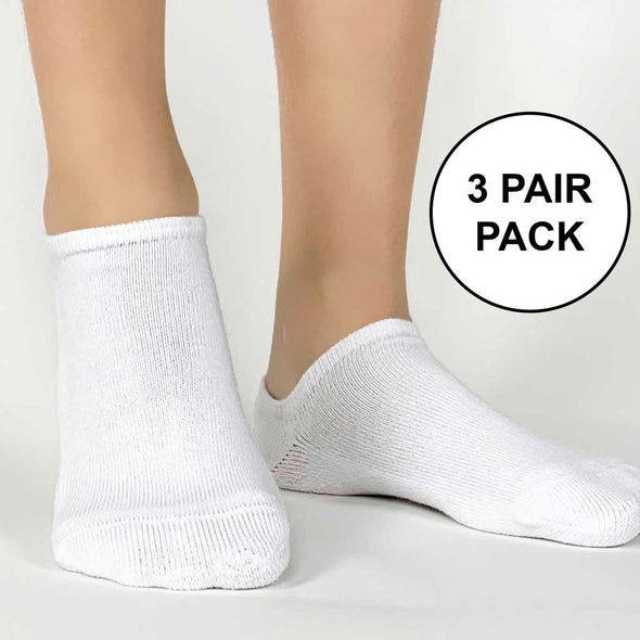 Super soft white cotton blend basic no show socks available in three sizes sold as a three pair pack in same size and color by sockprints.
