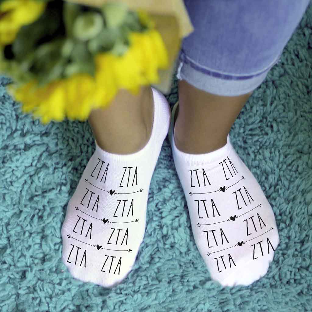 Zeta Tau Alpha sorority letters custom printed on no show socks.