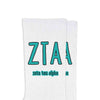 Zeta Tau Alpha sorority letters and name digitally printed in sorority colors on white crew socks.