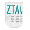 Zeta Tau Alpha sorority letters and name digitally printed on no show socks.