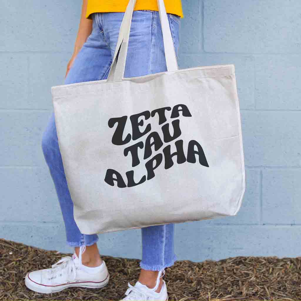 Zeta Tau Alpha digitally printed simple mod design on roomy canvas sorority tote bag.