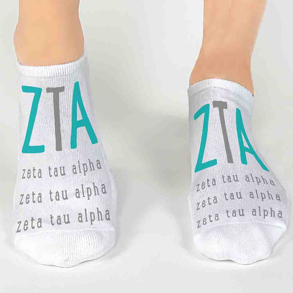 Zeta Tau Alpha sorority letters and name digitally printed on no show socks.