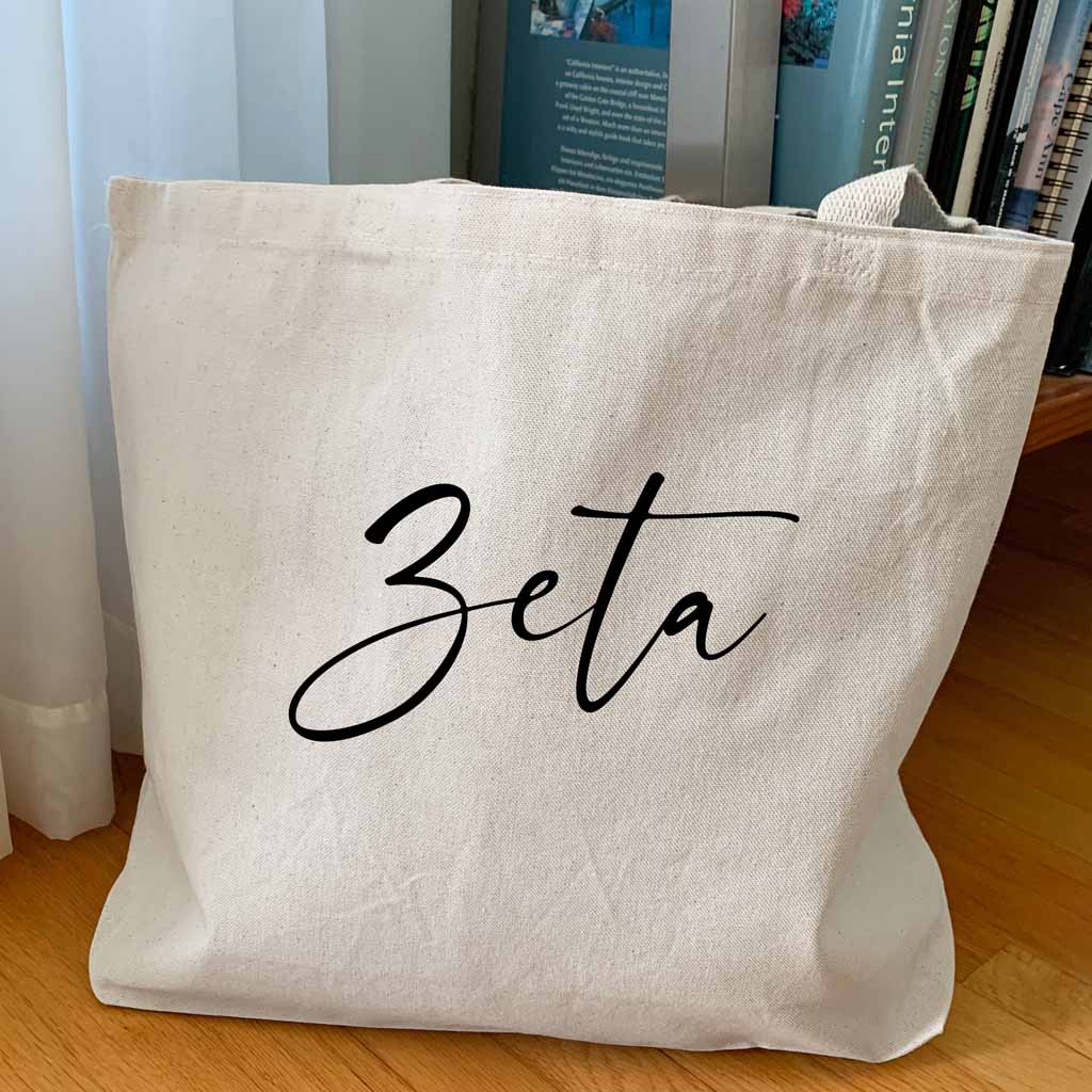 Zeta sorority nickname custom printed on canvas tote bag is the perfect college tote bag.