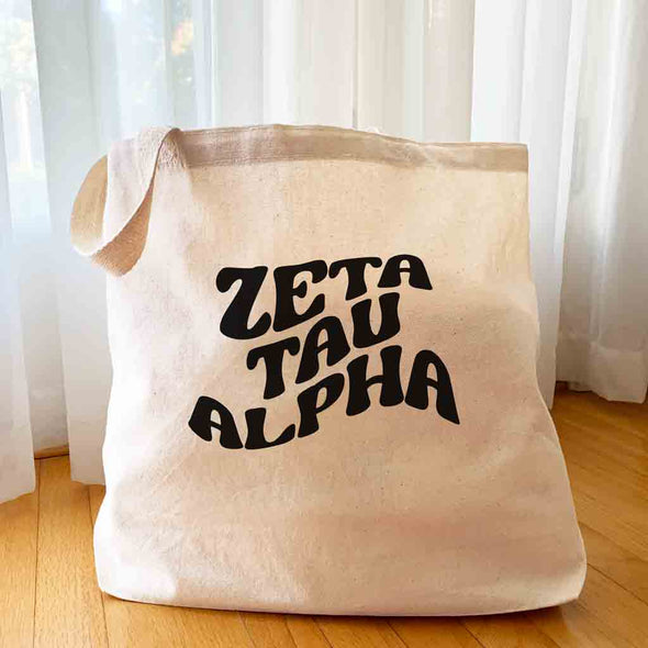 Zeta Tau Alpha digitally printed simple mod design on roomy canvas sorority tote bag.