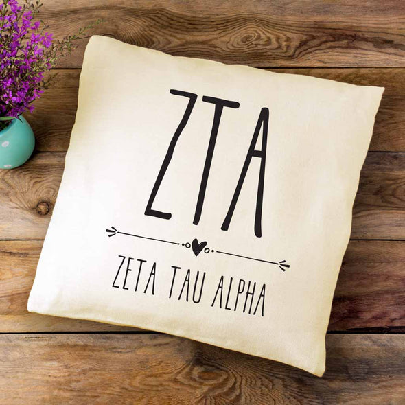 ZTA sorority letters and name in boho style design custom printed on white or natural cotton throw pillow cover.