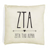 ZTA sorority letters and name in boho style design custom printed on white or natural cotton throw pillow cover.