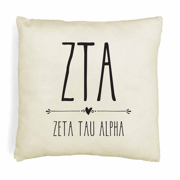 ZTA sorority letters and name in boho style design custom printed on white or natural cotton throw pillow cover.