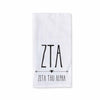 Zeta Tau Alpha sorority name and letters digitally printed on cotton dishtowel with boho style design.