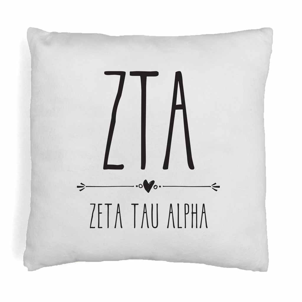 Zeta Tau Alpha sorority name and letters in boho style design digitally printed on throw pillow cover.