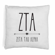 Zeta Tau Alpha sorority name and letters in boho style design digitally printed on throw pillow cover.