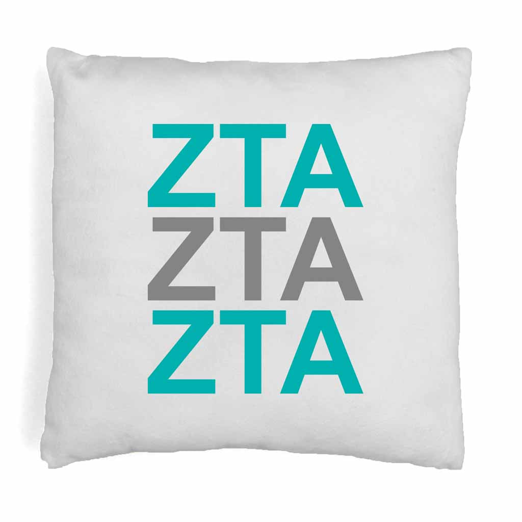Zeta Tau Alpha sorority letters digitally printed in sorority colors on throw pillow cover.