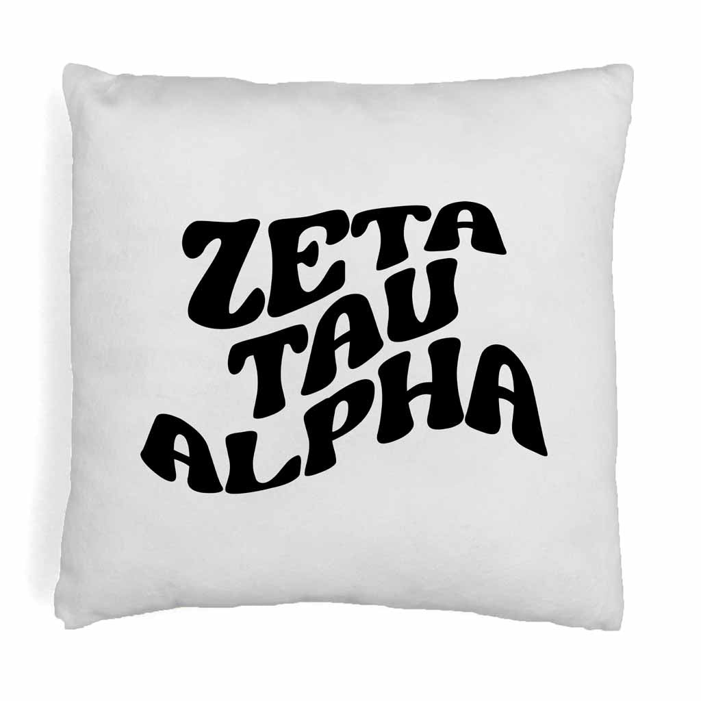 Zeta Tau Alpha sorority name in mod style design digitally printed on throw pillow cover.
