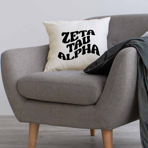 Zeta Tau Alpha sorority name in mod style design custom printed on white or natural cotton throw pillow cover.