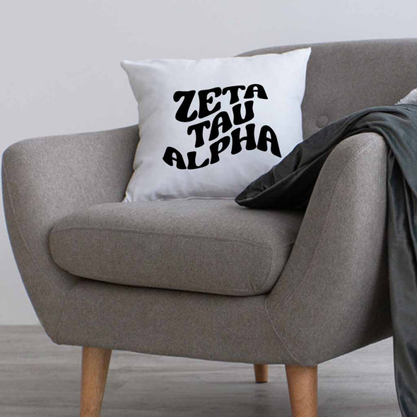 Zeta Tau  Alpha sorority name in mod style design custom printed on white or natural cotton throw pillow cover.