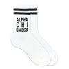 Alpha Chi Omega custom printed on black striped crew socks
