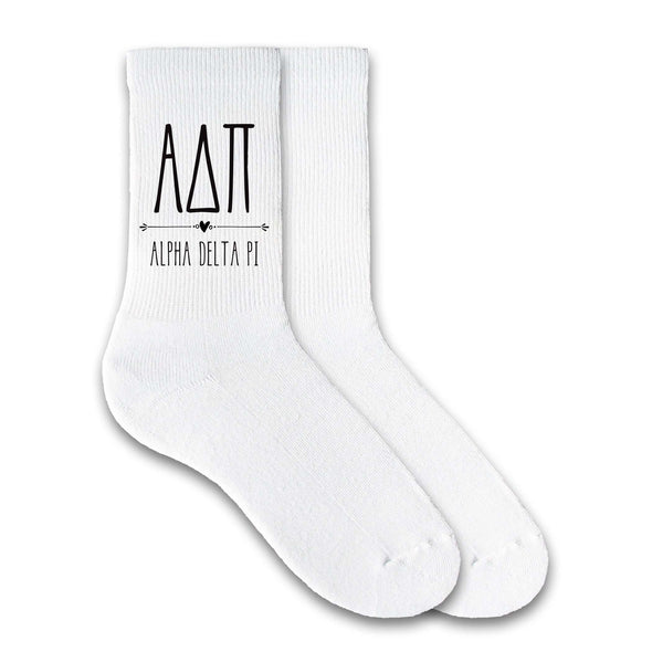 Alpha Delta Pi sorority name and letters custom printed on white cotton crew socks