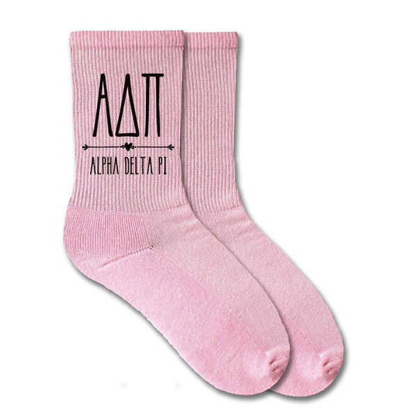 ADP sorority name and letters custom printed on pink cotton crew socks