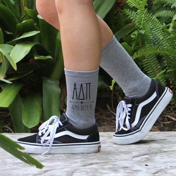 ADP sorority name and letters custom printed on comfy cotton heather gray crew socks