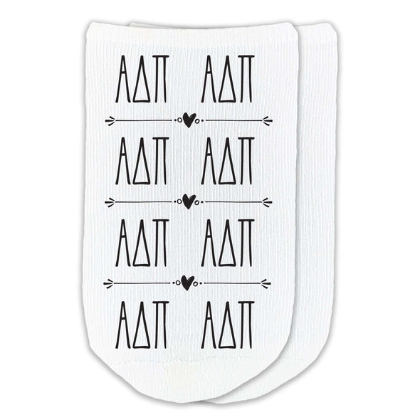 ADP sorority letters repeat boho custom printed on no show socks