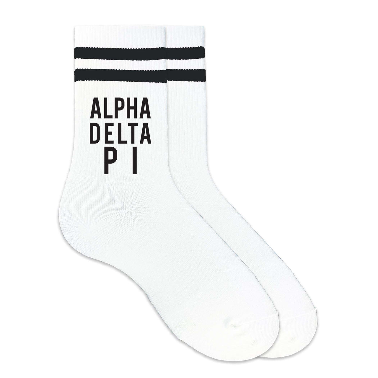 Alpha Delta Pi sorority name custom printed on striped crew socks