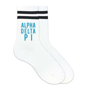 Alpha Delta Pi sorority name custom printed on striped crew socks