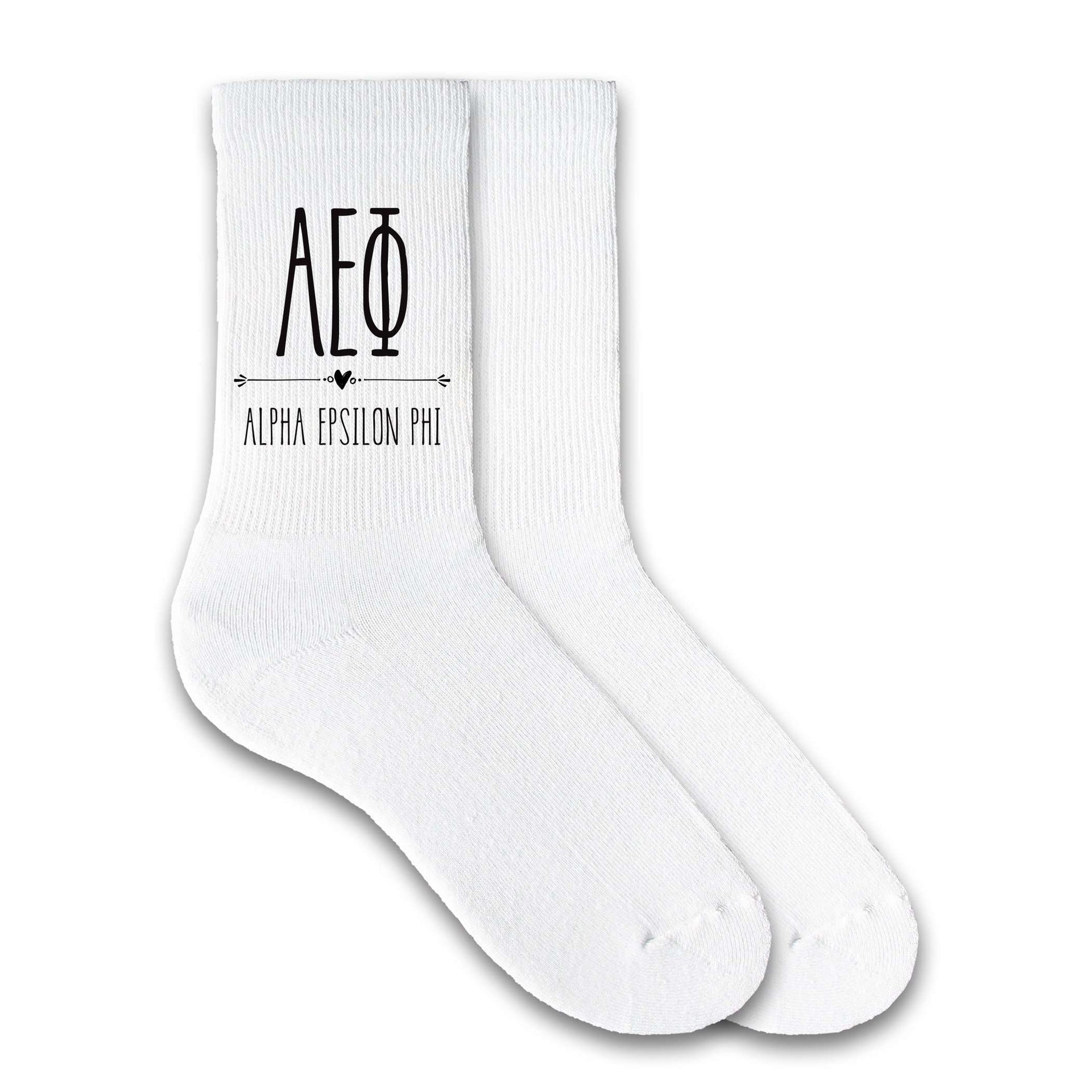 Alpha Epsilon Phi sorority name and letters custom printed on white cotton crew socks