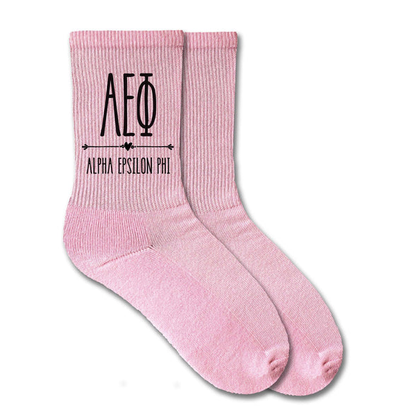 Alpha Epsilon Phi sorority name and letters custom printed on pink cotton crew socks