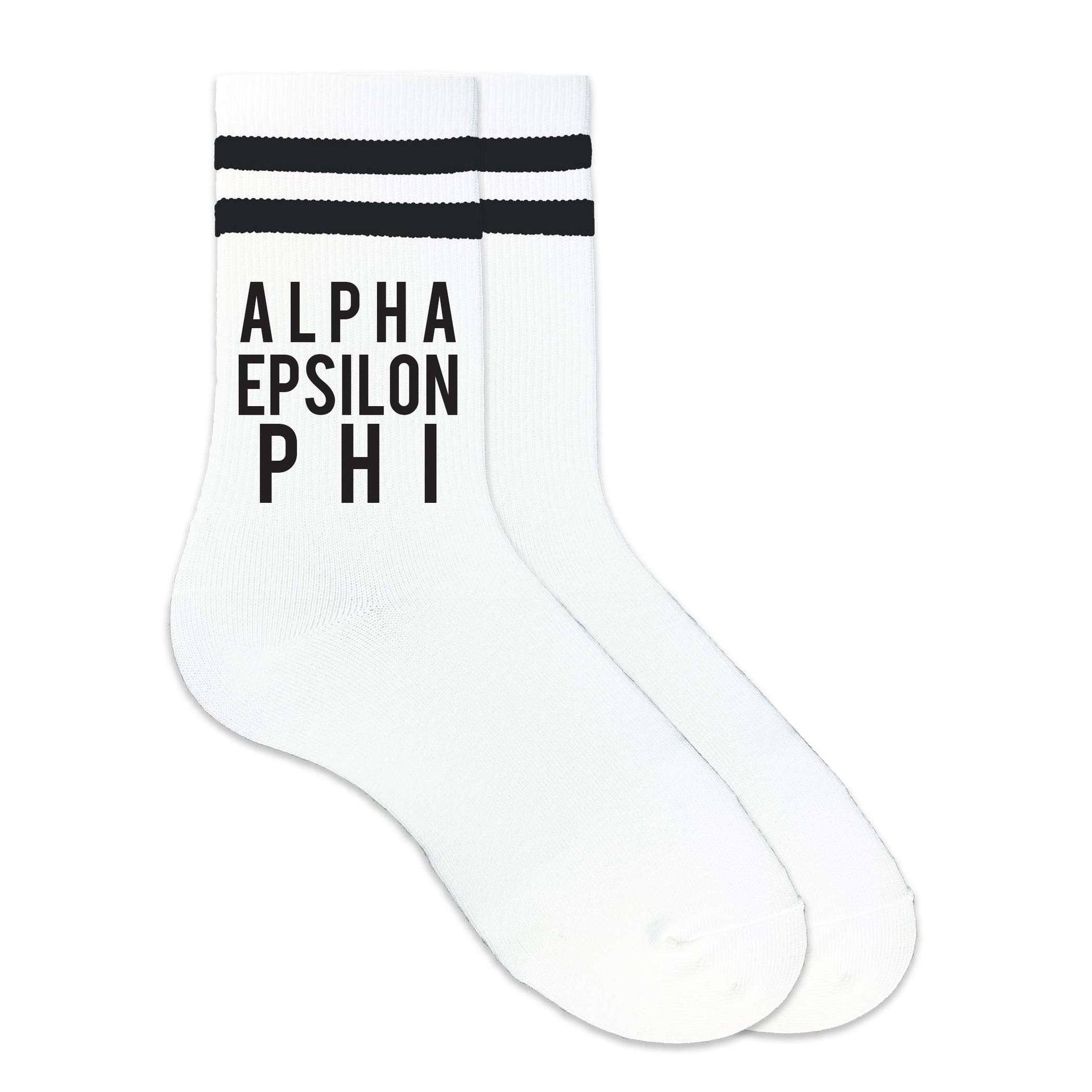 Alpha Epsilon Phi sorority name custom printed on black striped crew socks