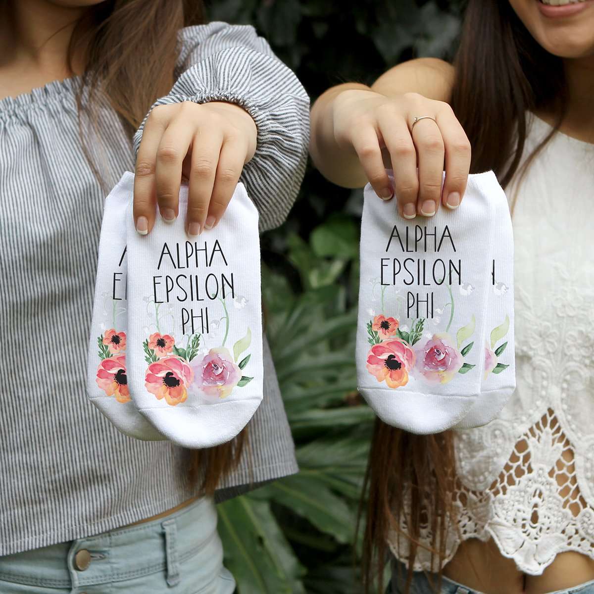 Alpha Epsilon Phi sorority name watercolor floral custom printed on no show socks