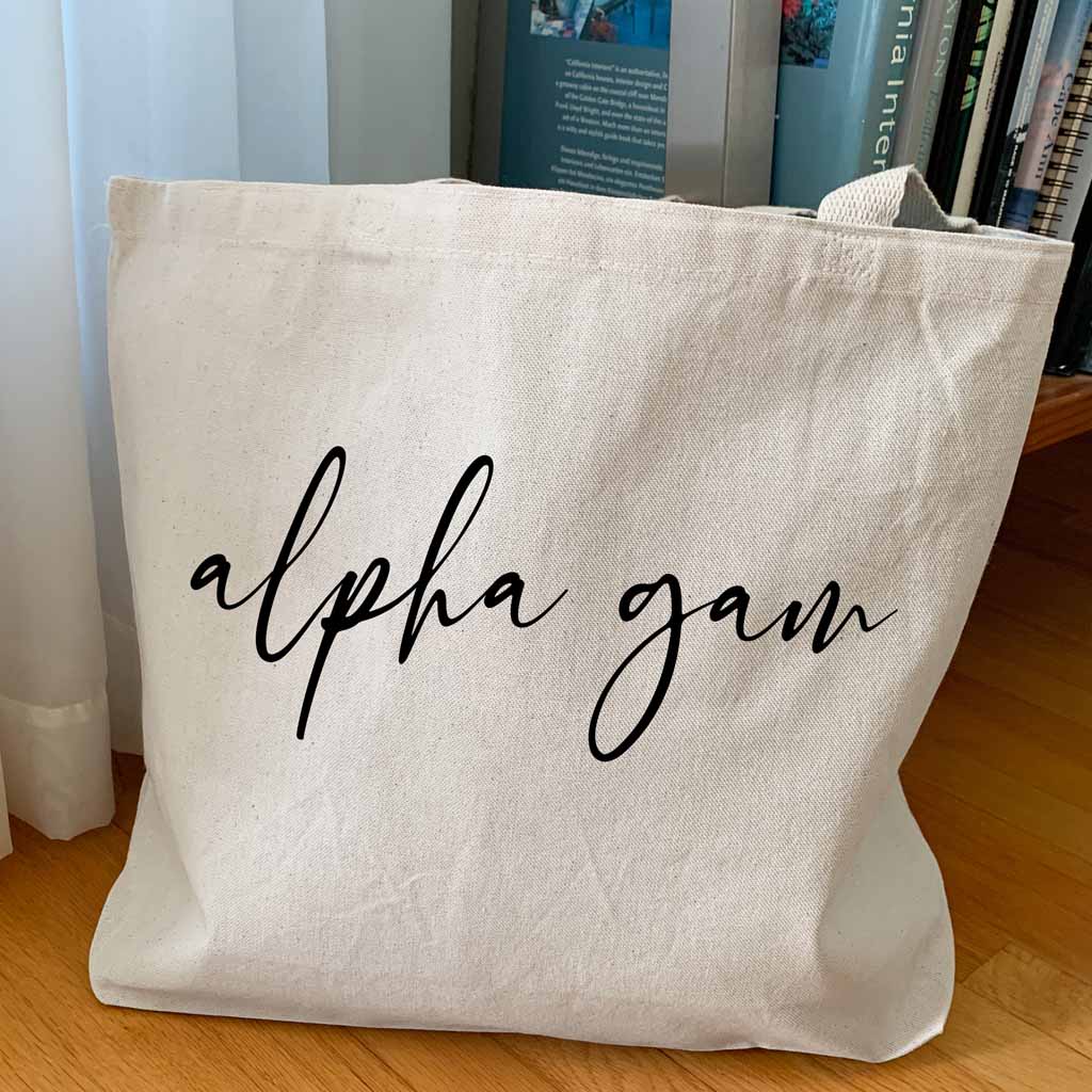 Alpha Gamma Delta sorority nickname custom printed in script writing on canvas tote bag is a unique gift for all your sorority sisters.