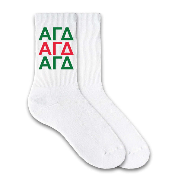 Alpha Gamma Delta sorority letters in repeat pattern digitally printed on crew socks