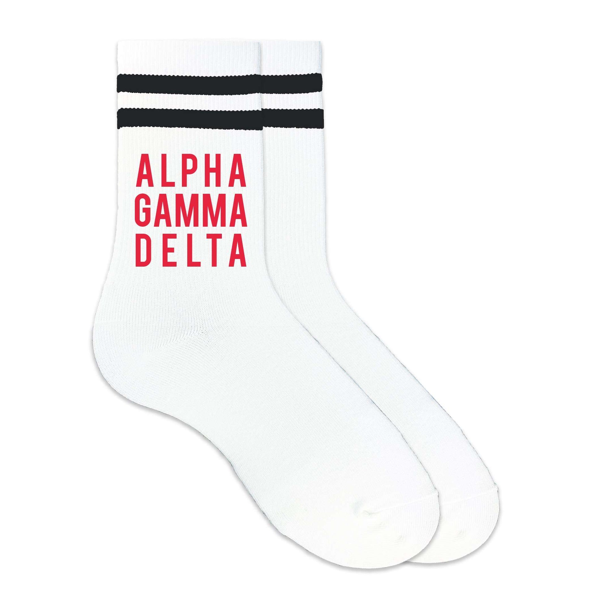 Alpha Gamma Delta sorority name custom printed on black striped crew socks