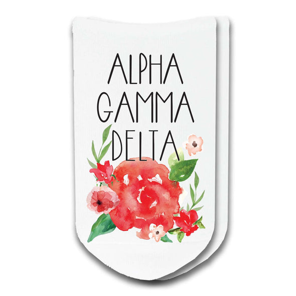 Alpha Gamma Delta sorority watercolor floral design custom printed on no show socks