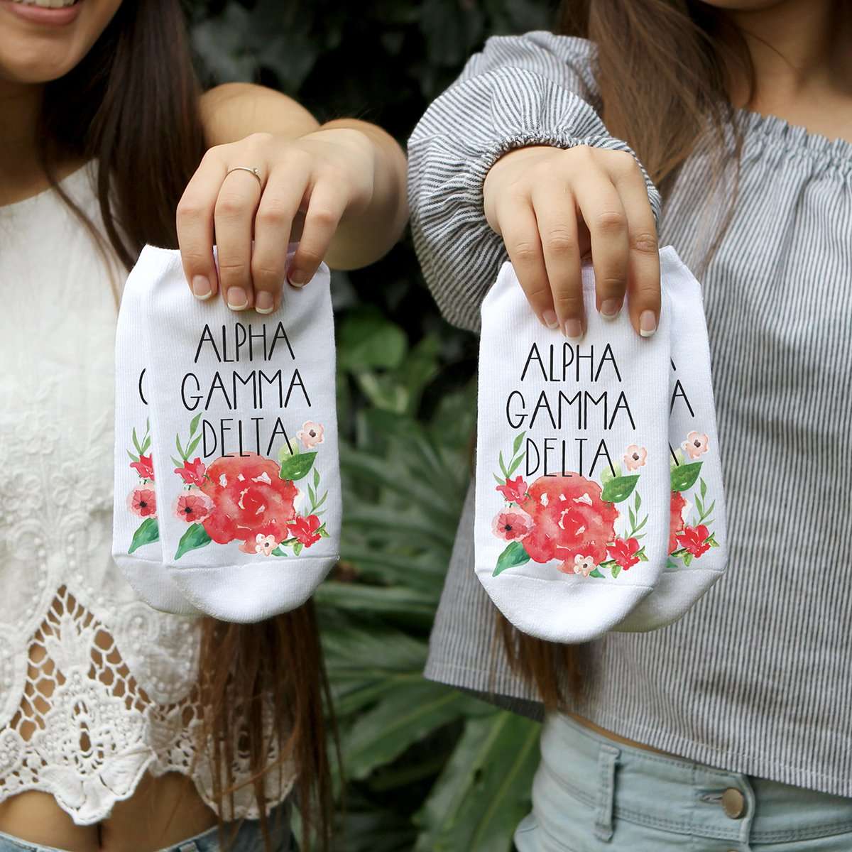 Alpha Gamma Delta sorority name watercolor floral design custom printed on no show socks
