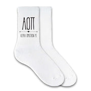 Alpha Omicron Pi sorority name and letters custom printed on white cotton crew socks