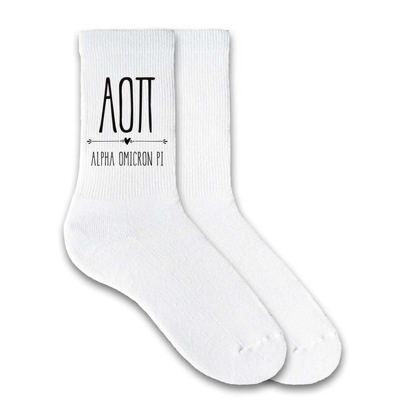 Alpha Omicron Pi sorority name and letters custom printed on white cotton crew socks