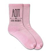 Alpha Omicron Pi sorority name and letters custom printed on pink cotton crew socks