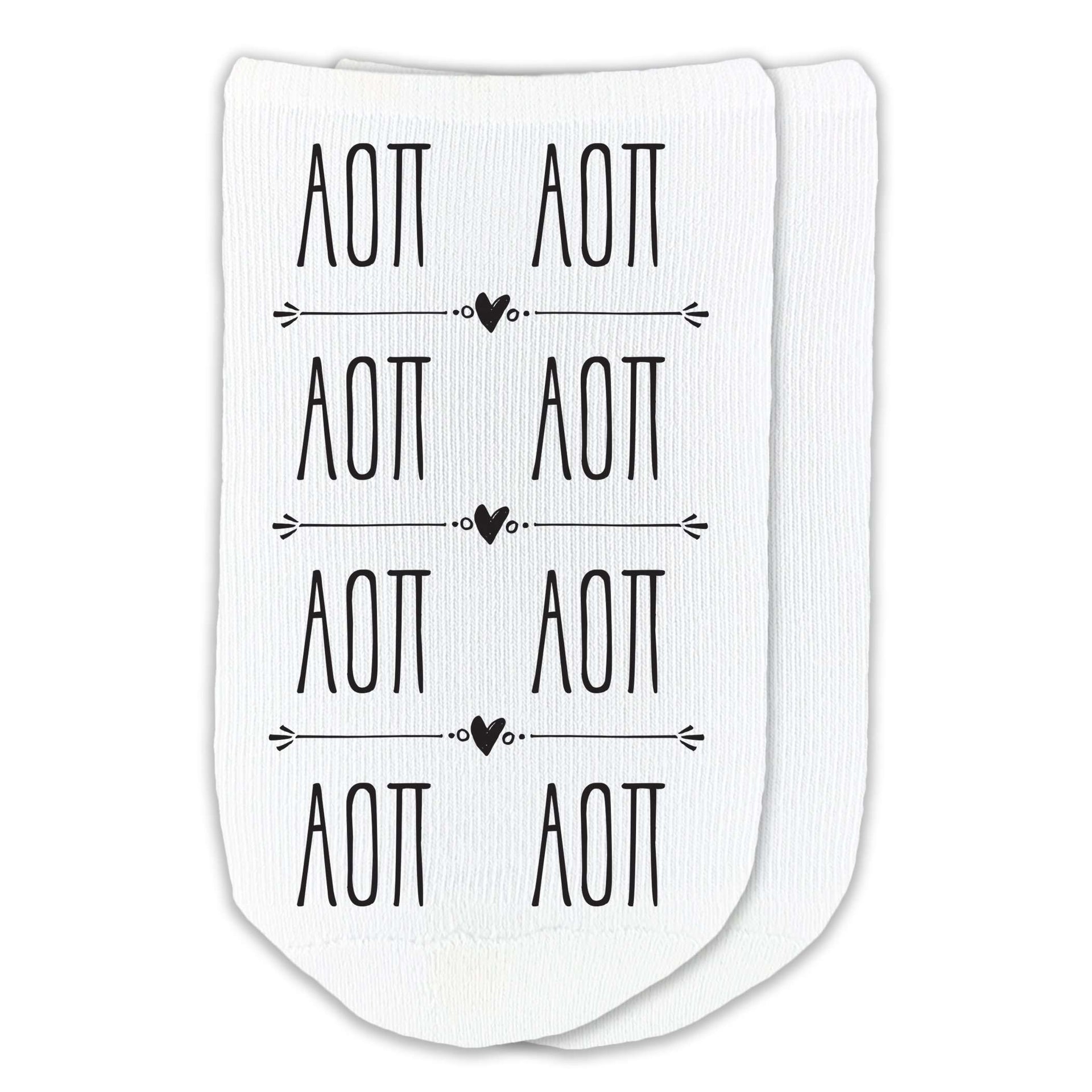 Alpha Omicron Pi sorority letters digitally printed in boho style on no show socks.
