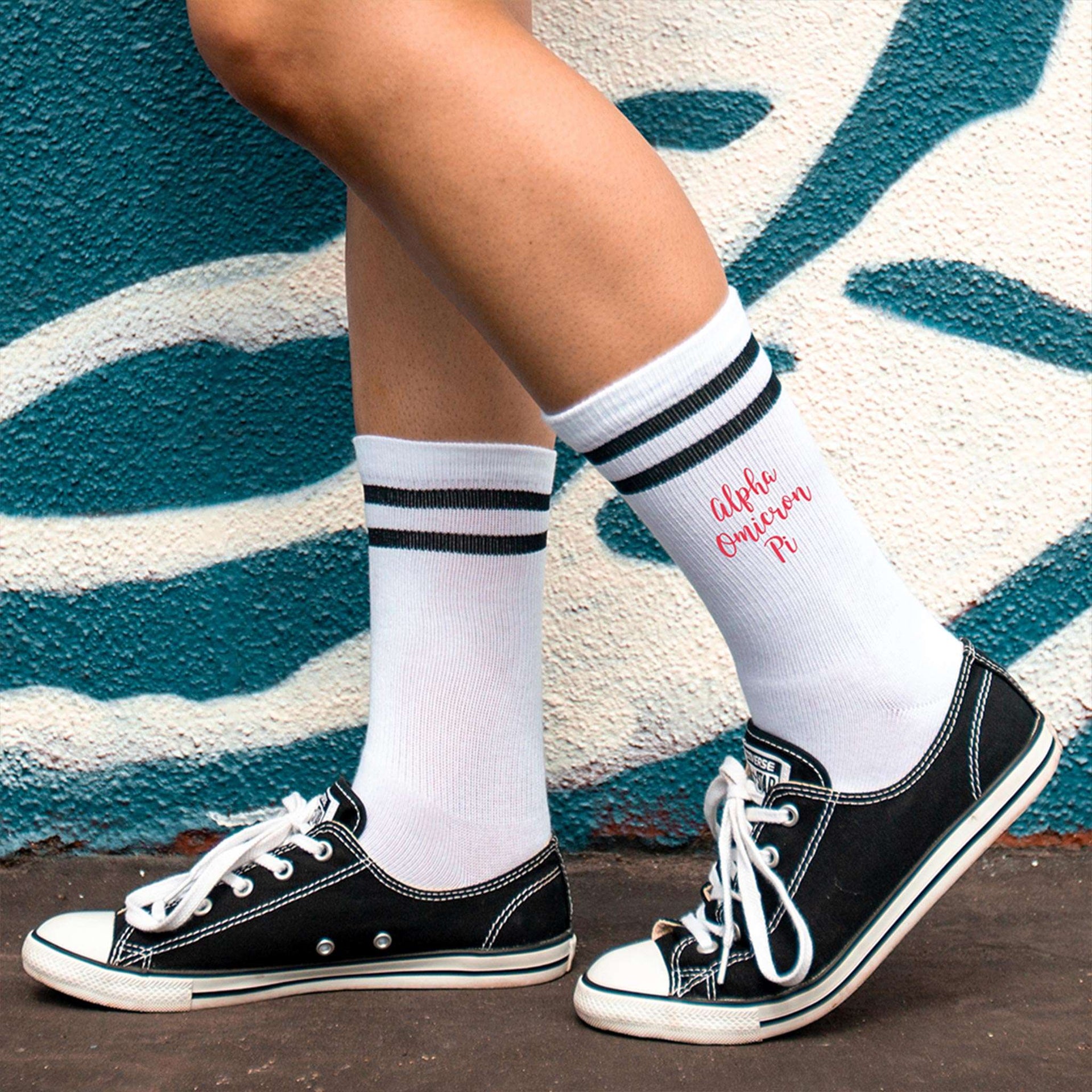 Alpha Omicron Pi sorority name custom printed on black striped crew socks