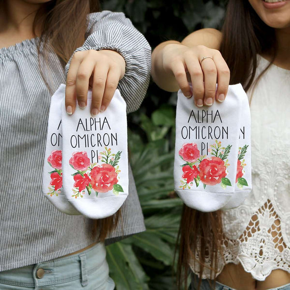 Alpha Omicron Pi watercolor design digitally printed on no show socks.