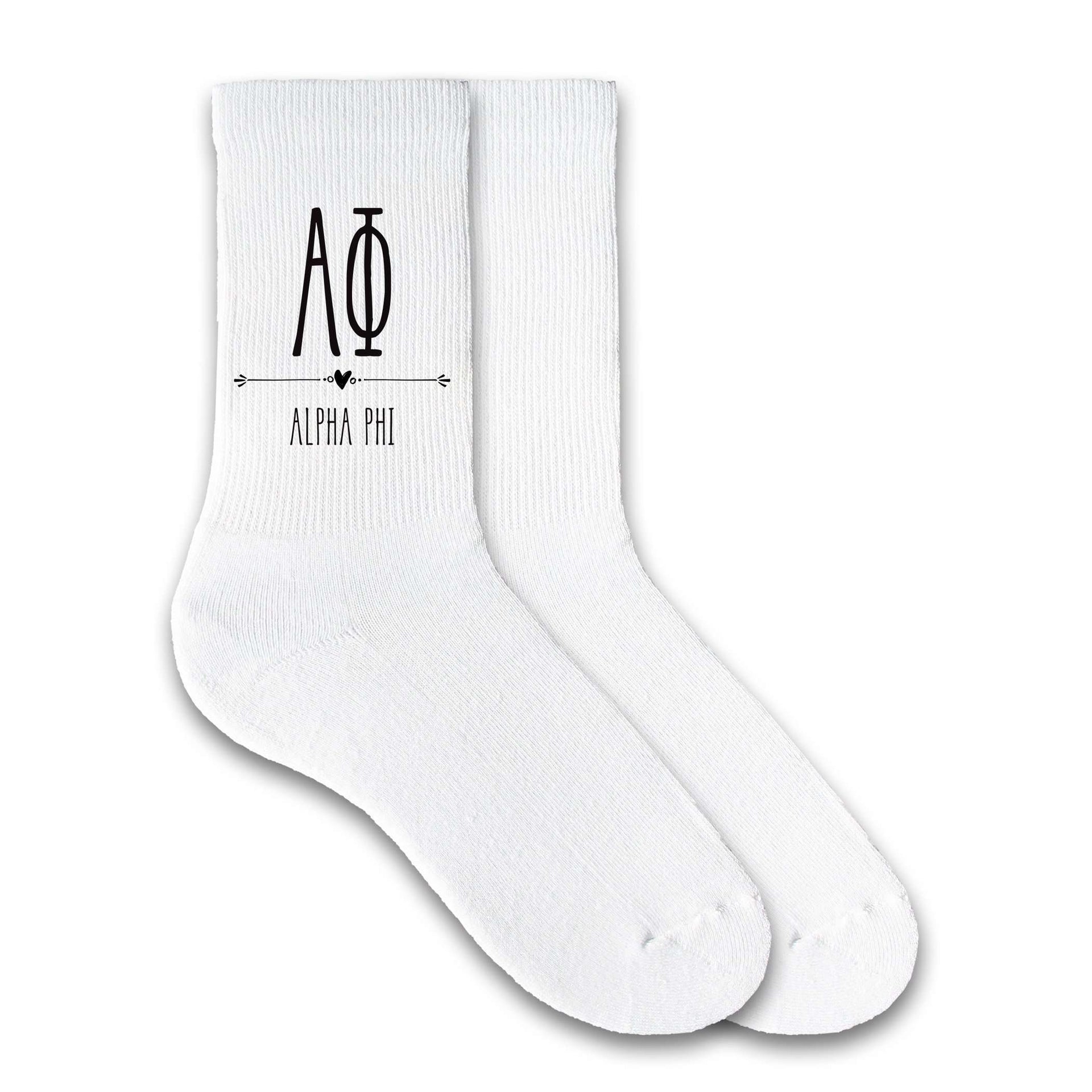 Alpha Phi sorority name and letters custom printed on white cotton crew socks